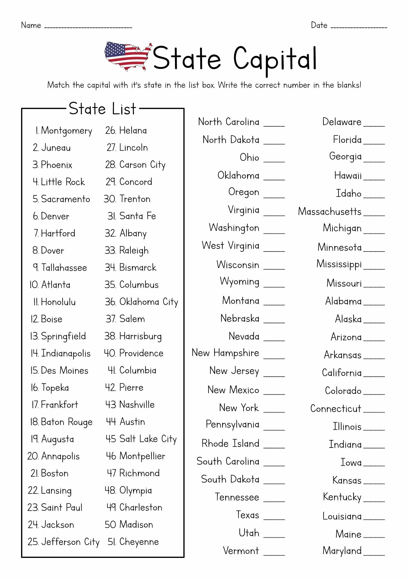 Us States And Capitals Printable Worksheets