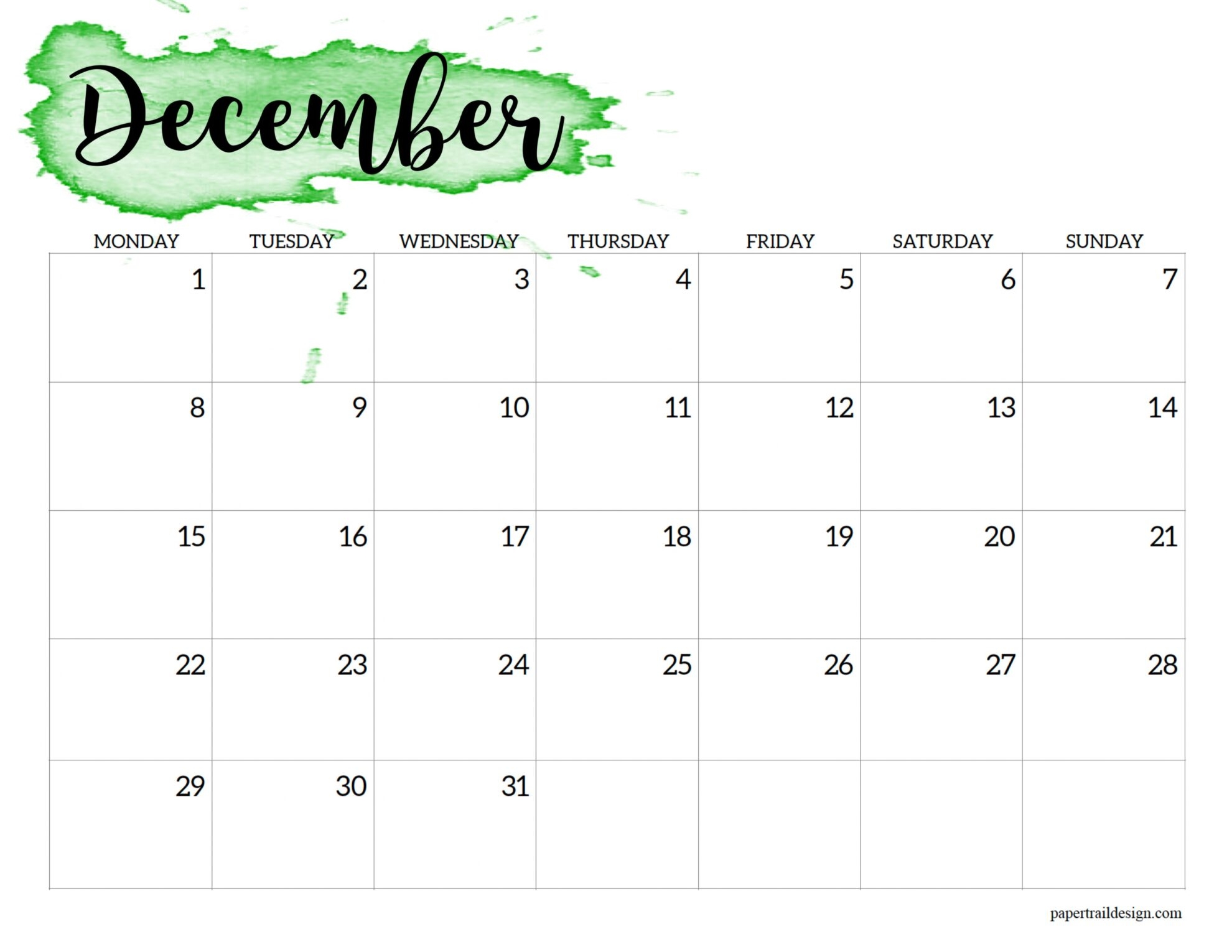 2025 Monday Start Calendar Printable Watercolor Paper Trail Design
