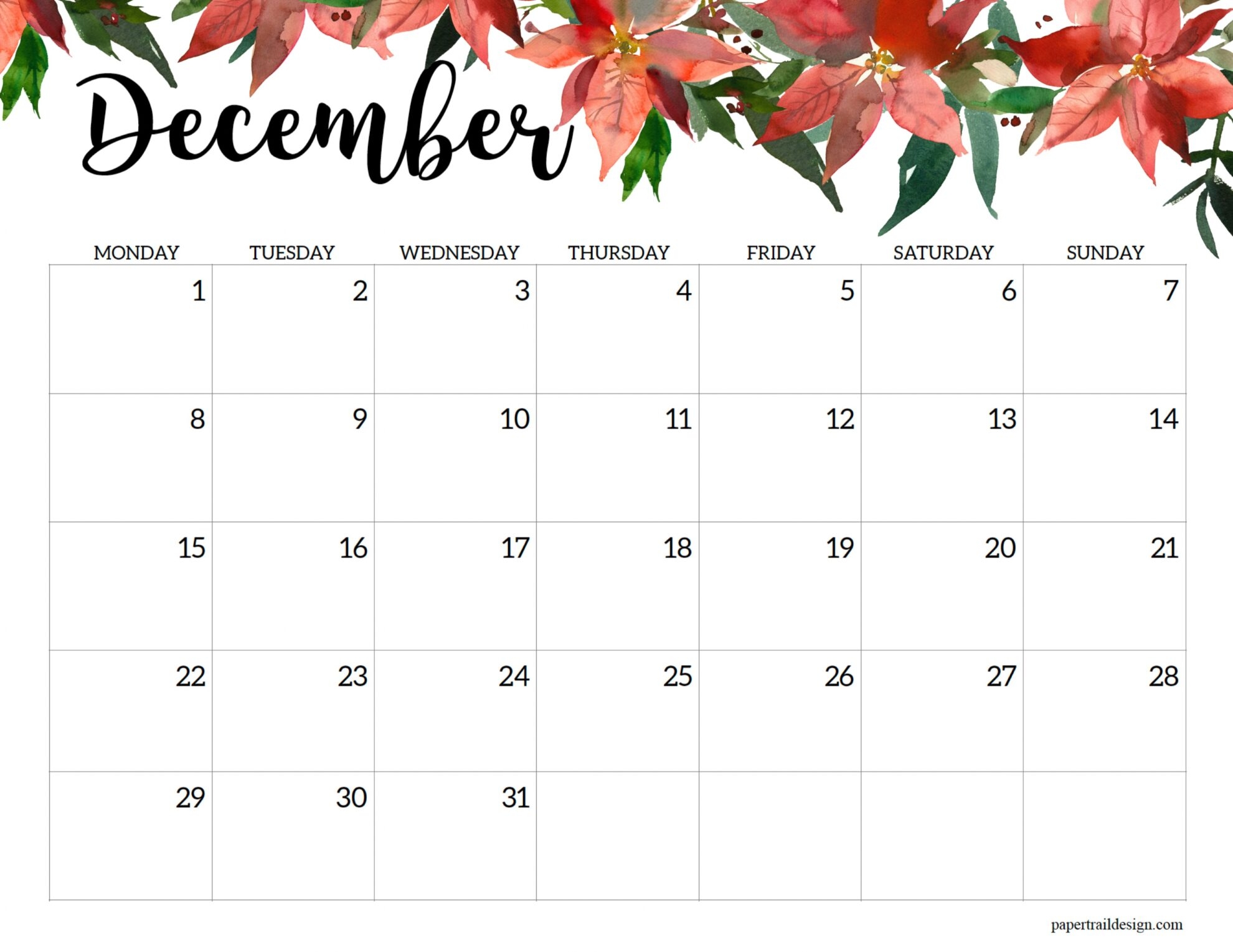 2025 Calendar Printable Starting Monday December