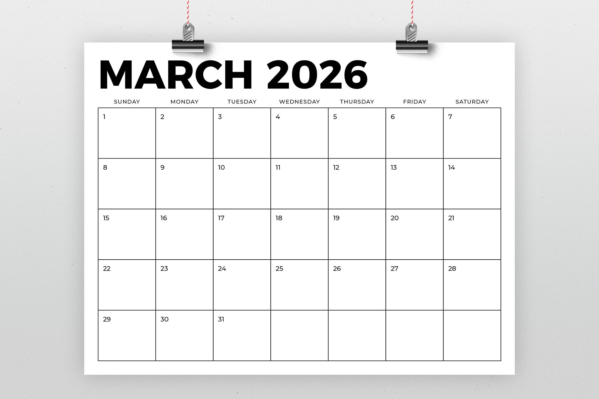 Printable Blank Calendar Template 2026