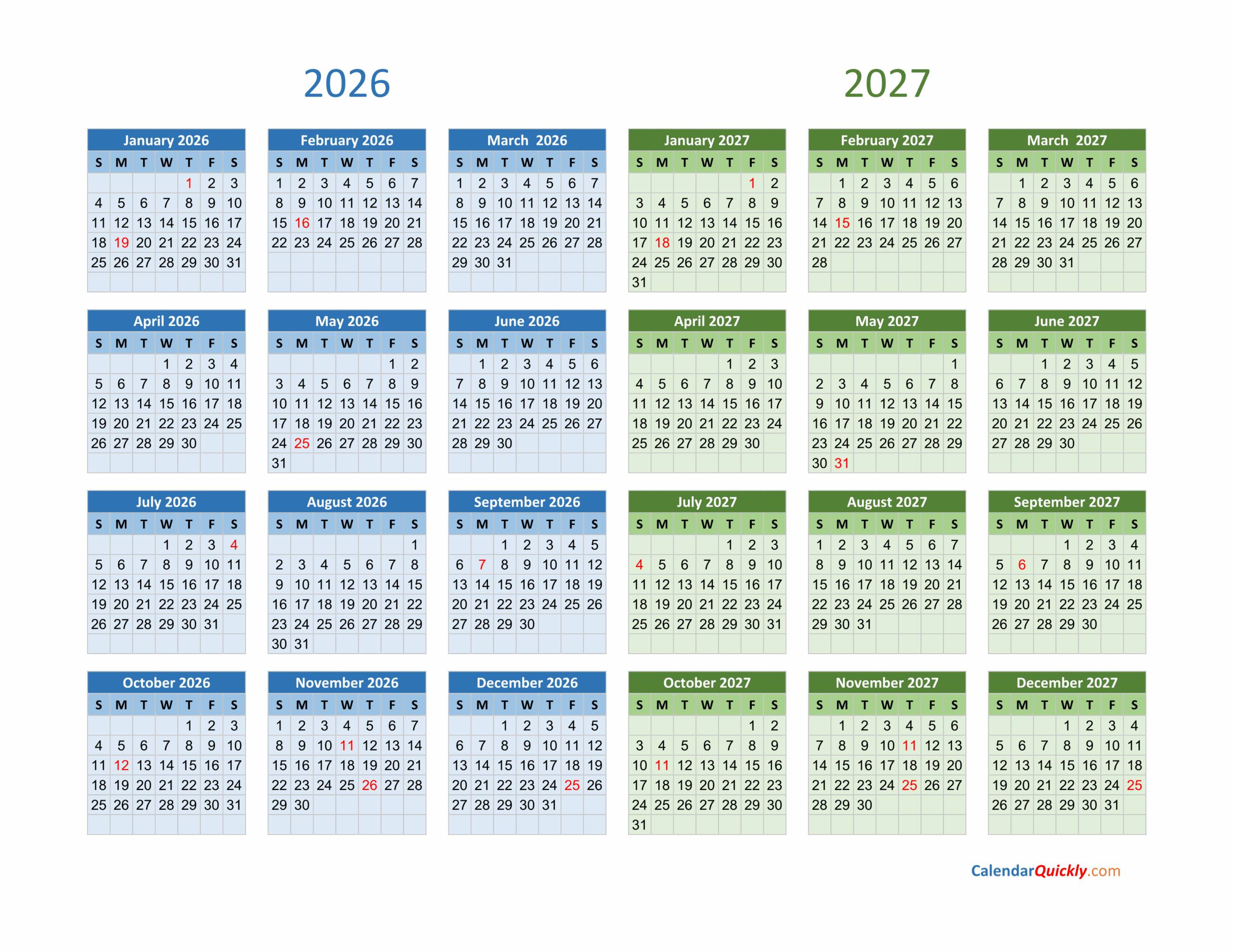 2026-2027 Calendar Blank Printable