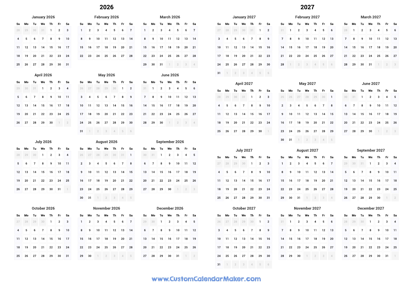 Academic 2026-2027 Printable Blank Calendar