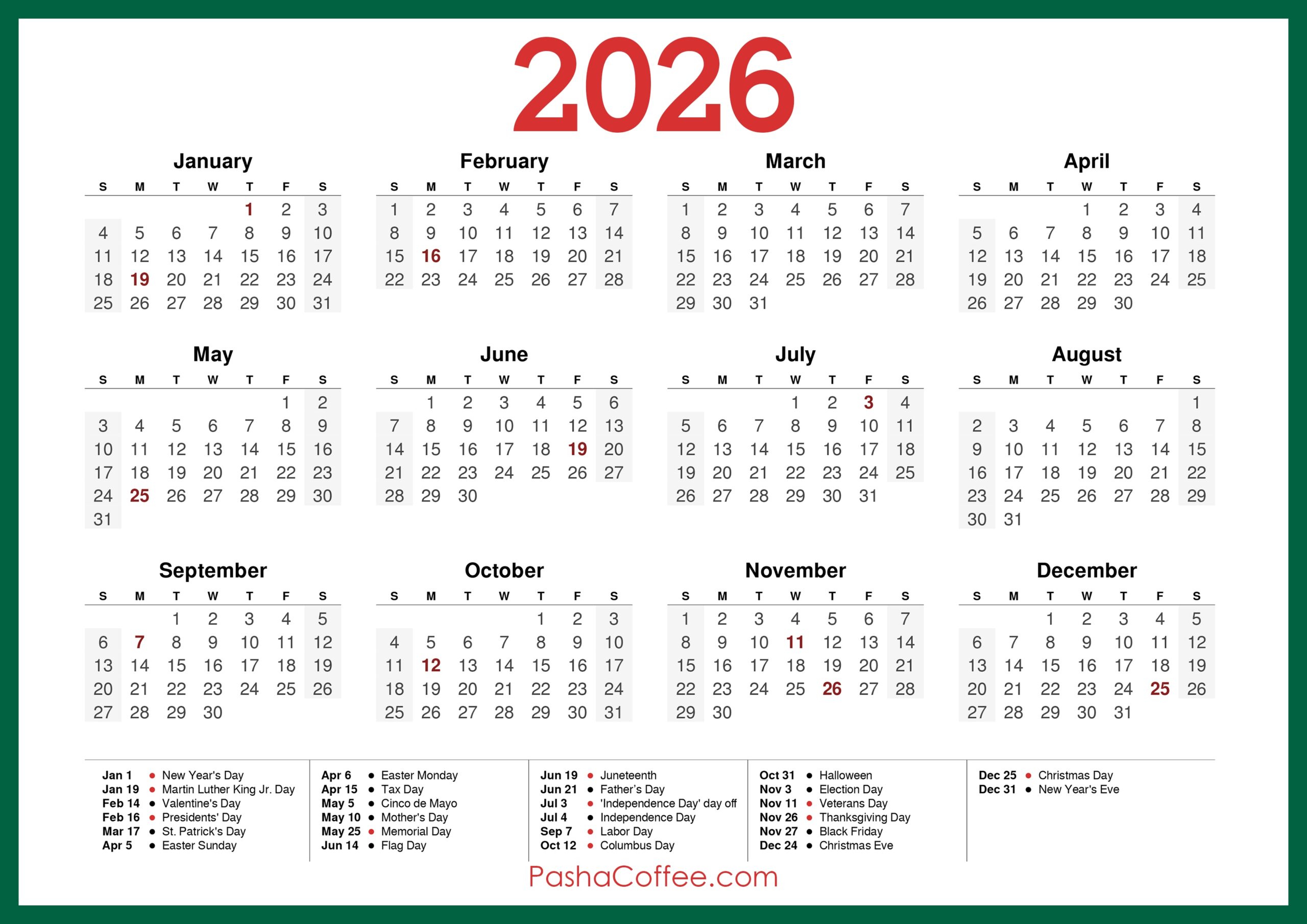 Free Printable 2026 Calendar With Holidays Pdf Free Download Word