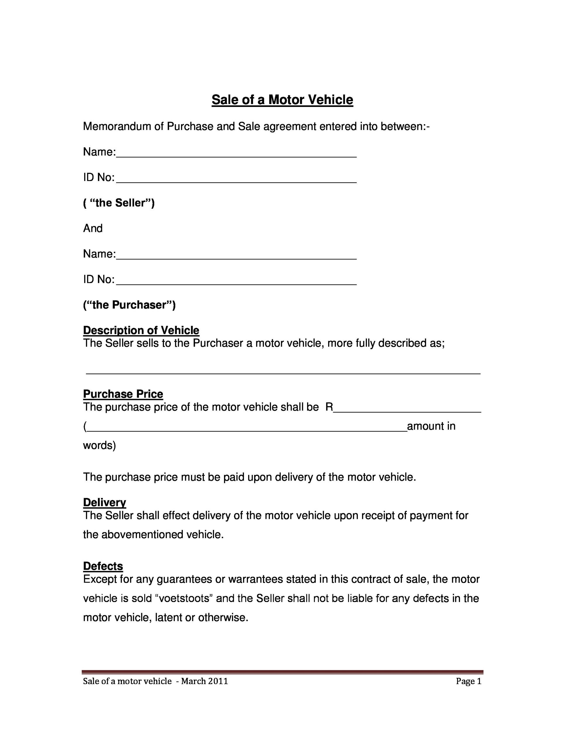 Printable Private Car Sale Contract Template