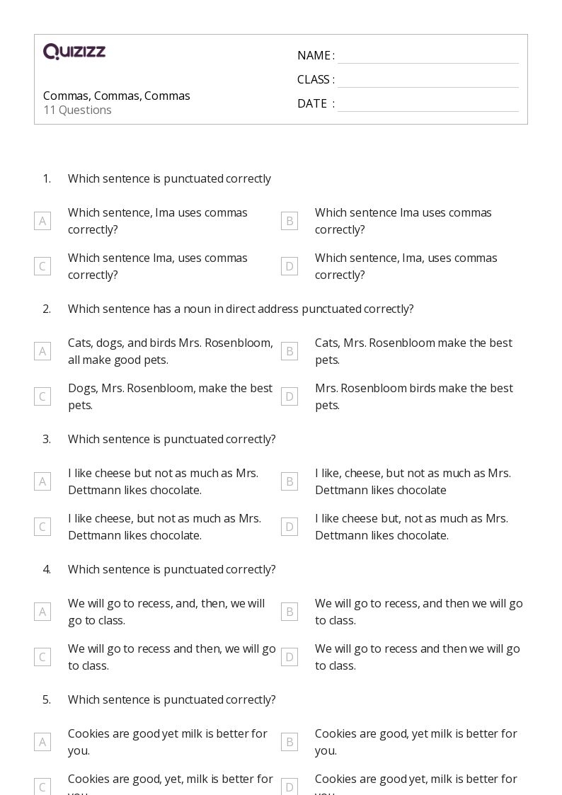 Free Printable Comma Worksheets