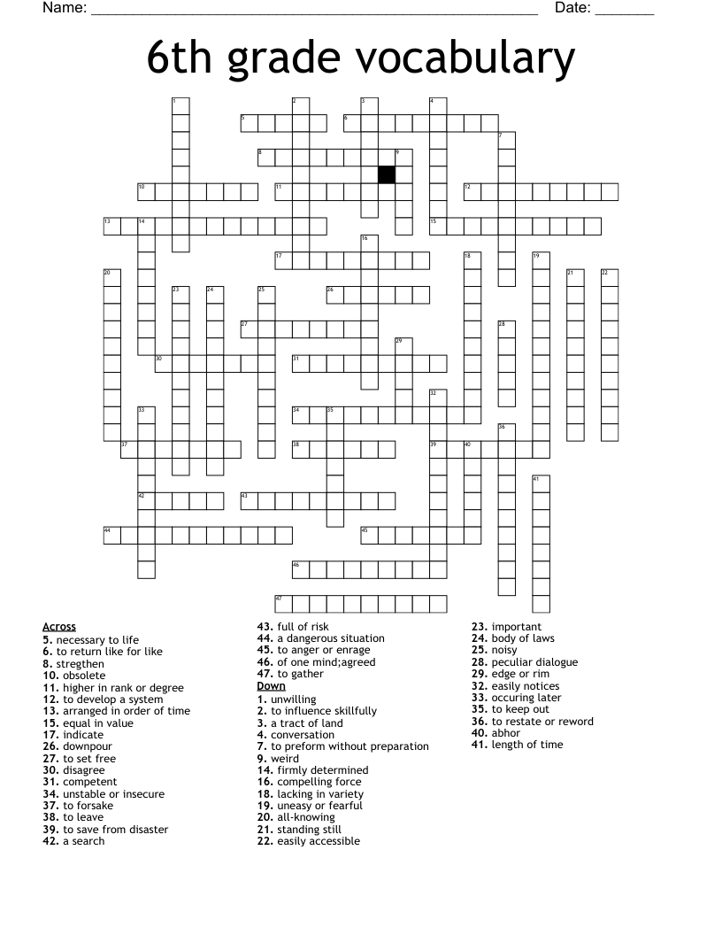 Crossword Puzzles 6th Grade Printables