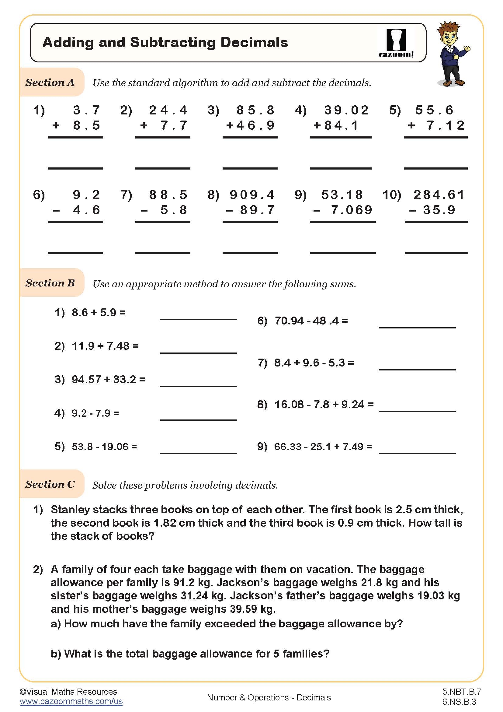 Adding Decimals Free Printable Worksheet