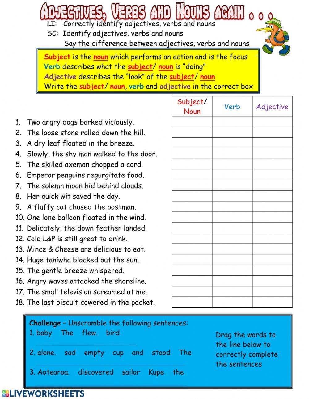 Adjectives Verbs And Nouns Again Worksheet Live Worksheets 