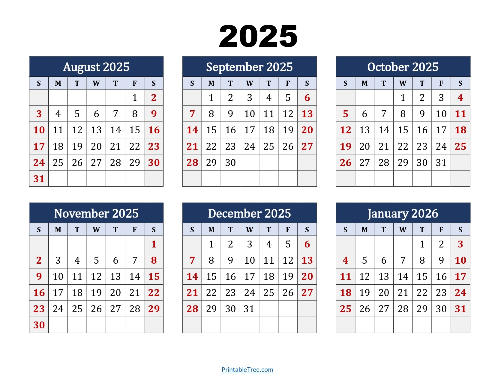 August Through December 2026 Printable Calendar