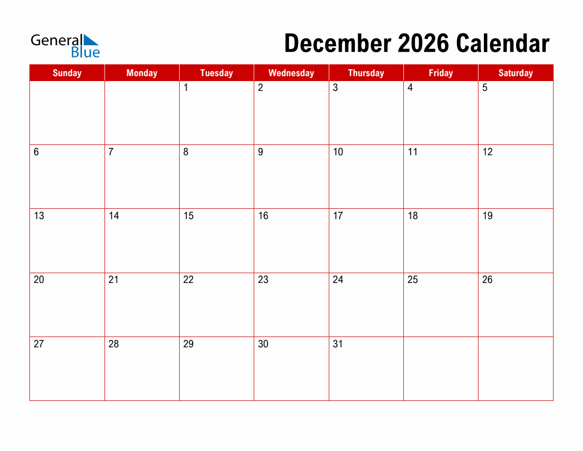 Blank December 2026 Calendar Printable
