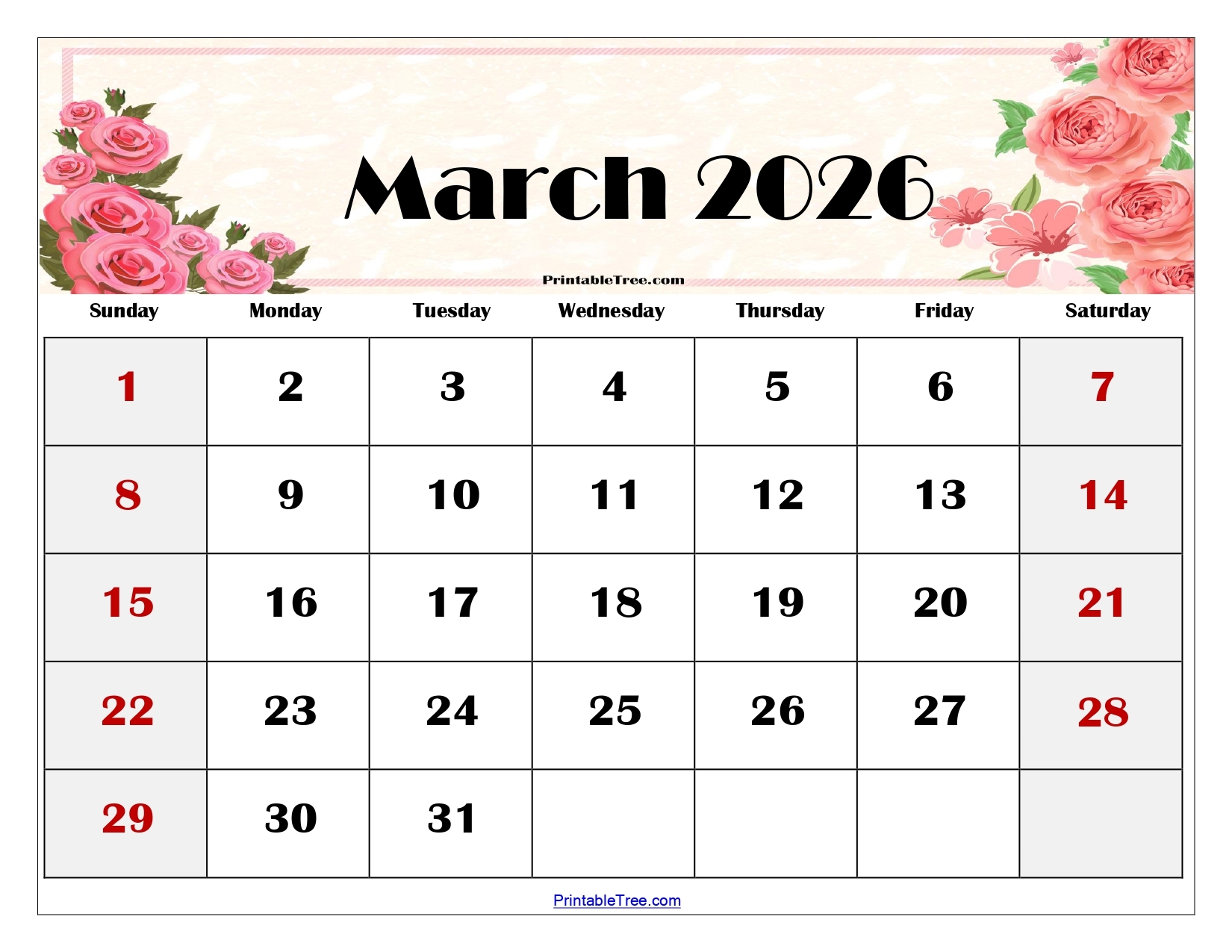Blank Calendar Marcg 2026 Printable