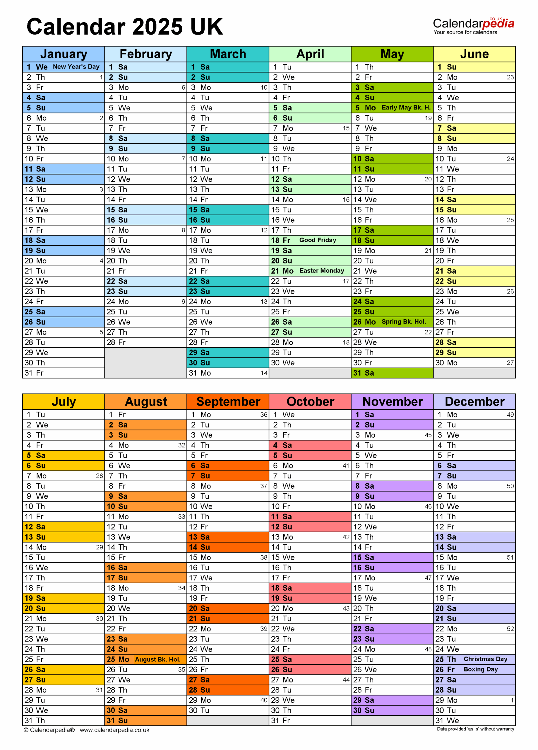 Calendar 2025 UK Free Printable Microsoft Excel Templates