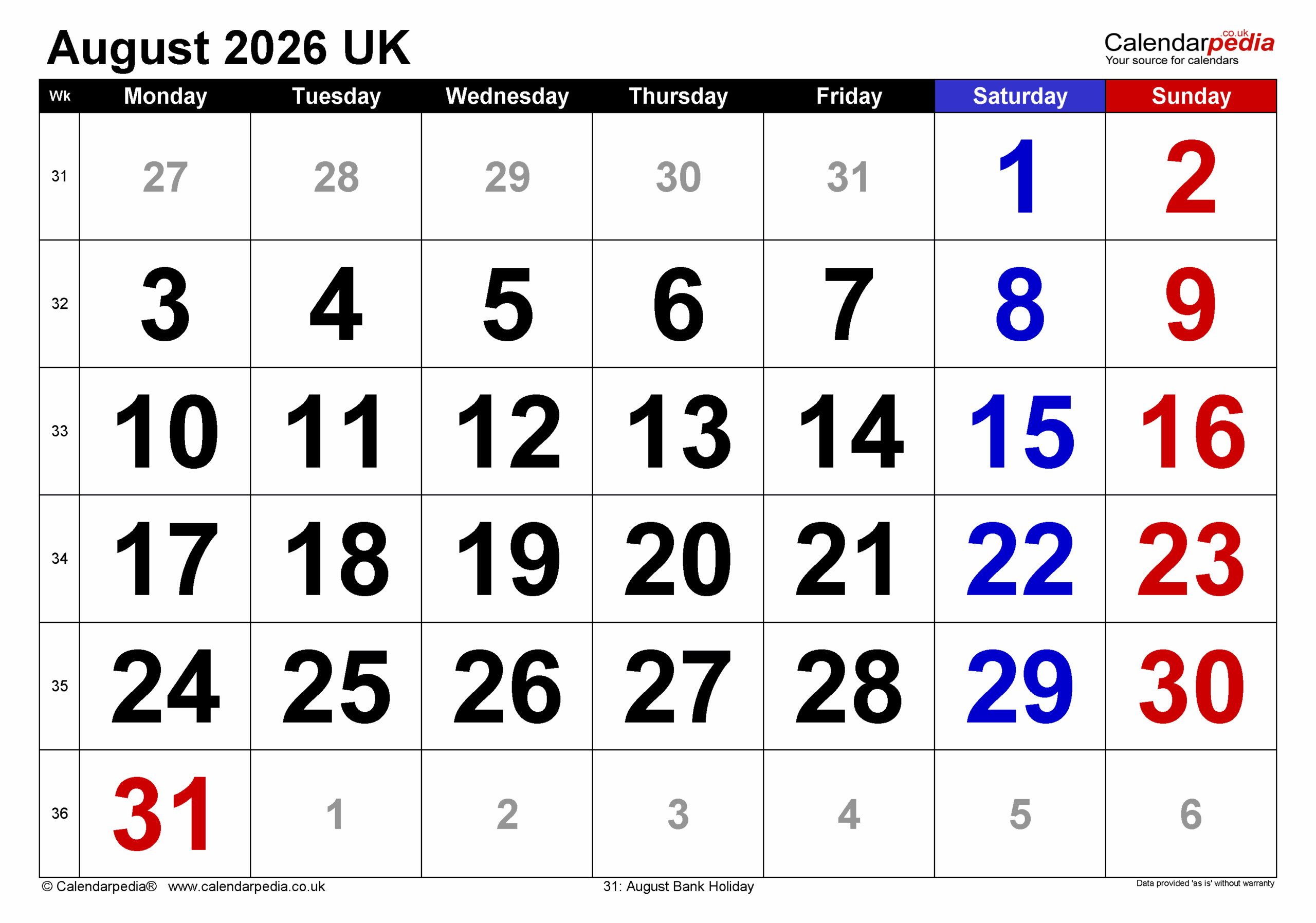 August Calendar 2026 Printable