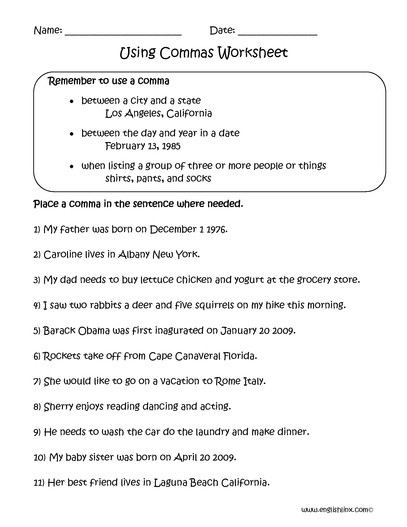 Commas Worksheets Using Commas Worksheets Worksheets Library