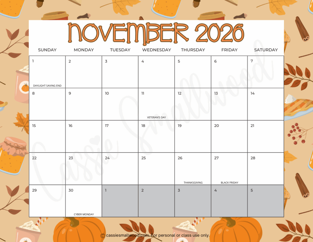 November 2026 Printable Traceable Calendar Free