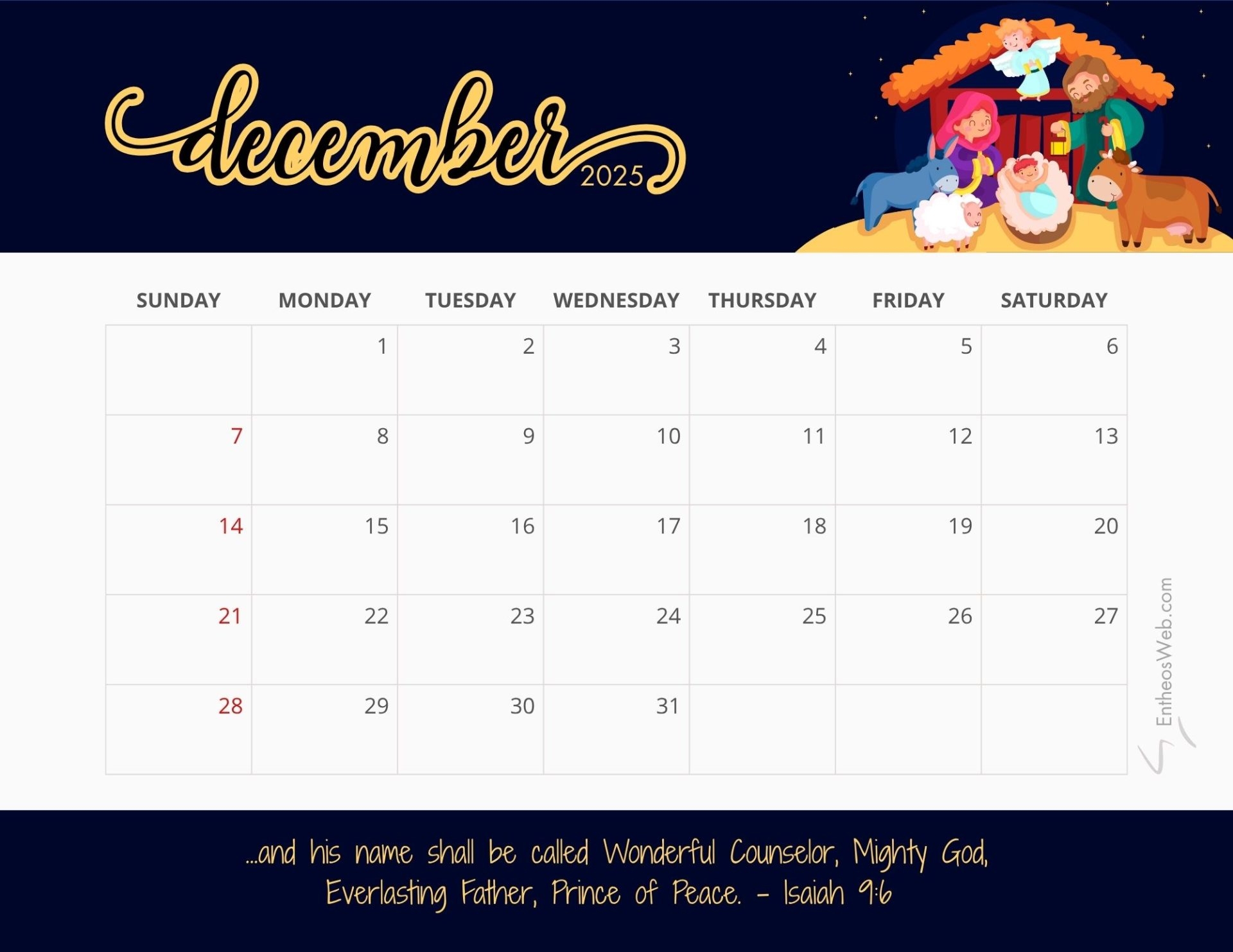 Cute Printable December 2025 Calendars EntheosWeb