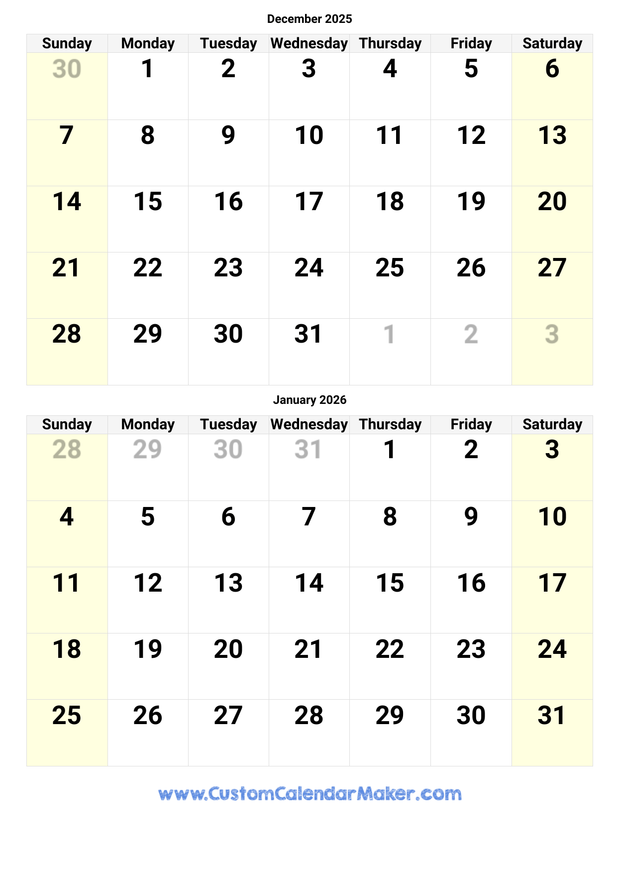 2025 And 2026 Calendar Printable December