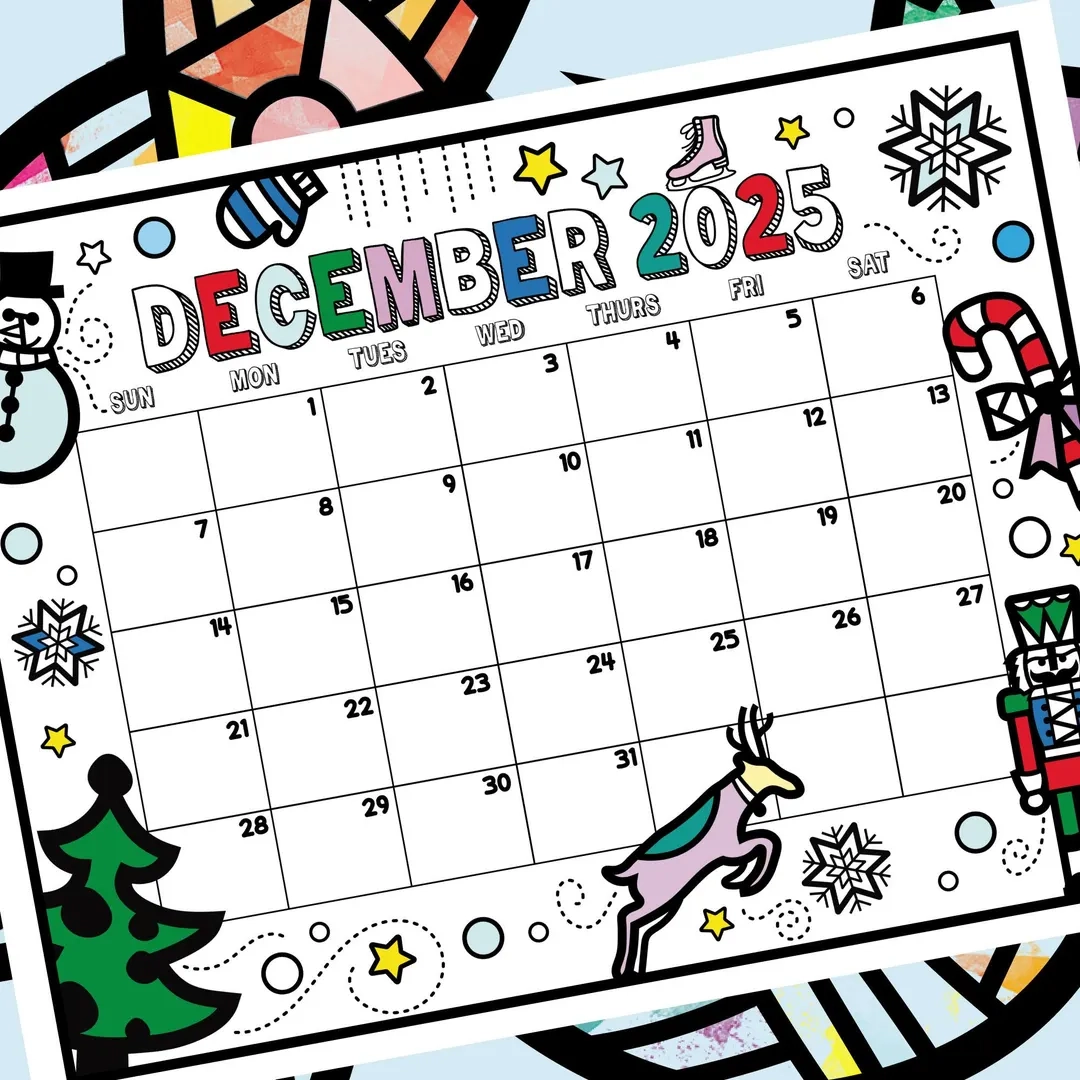 December 2025 Calendar Printable Coloring Kids Calendar 