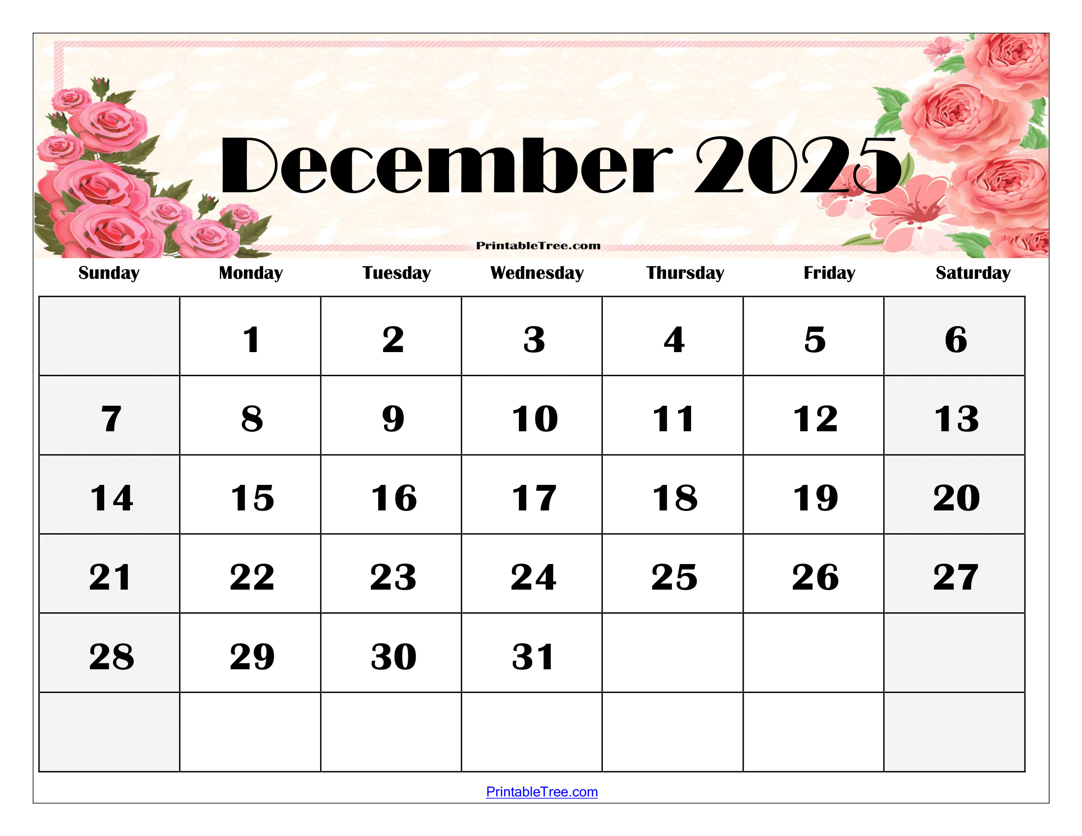 December Calendar 2025 Printable With Holidays