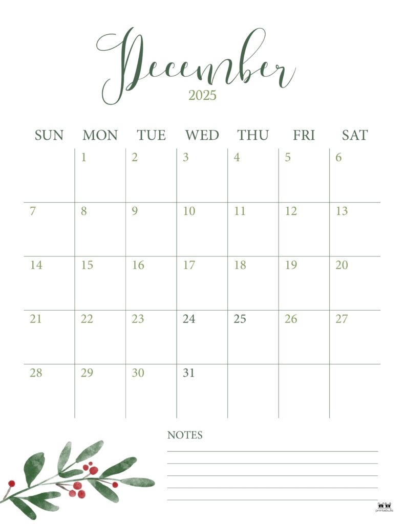 Free Printable Vertical December 2025 Calendar