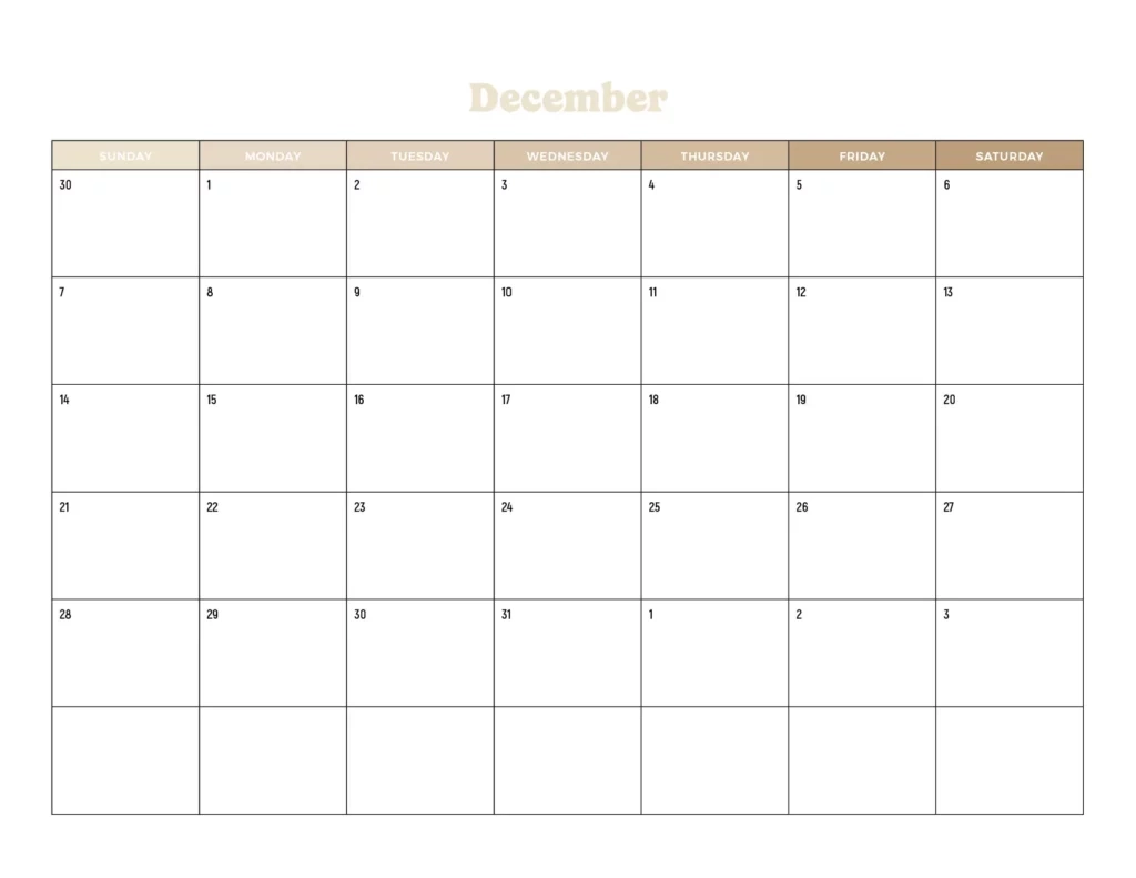 Calendar December 2025 Printable Brown