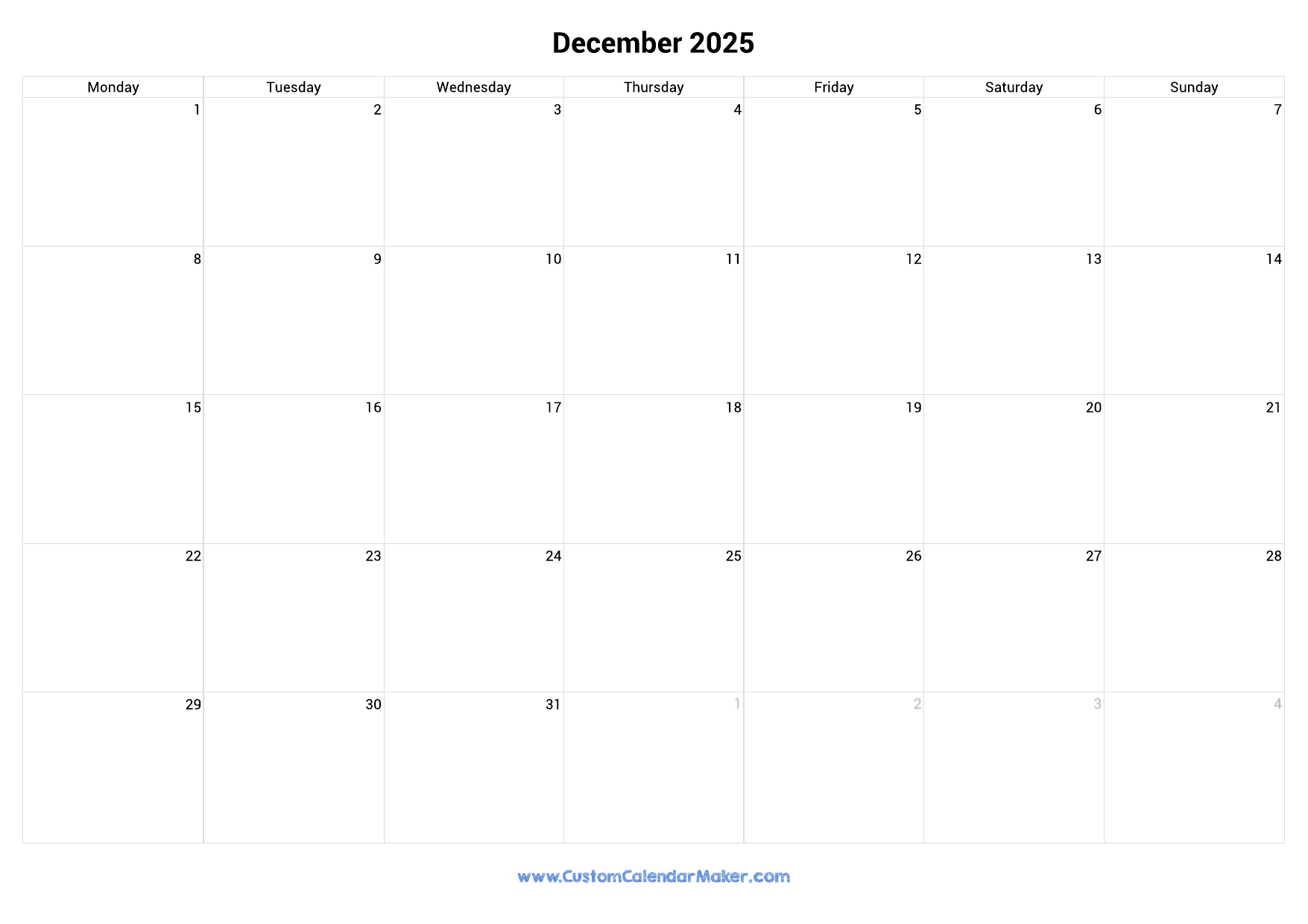 December 2025 Monday Start Calendar Monday To Sunday Custom 