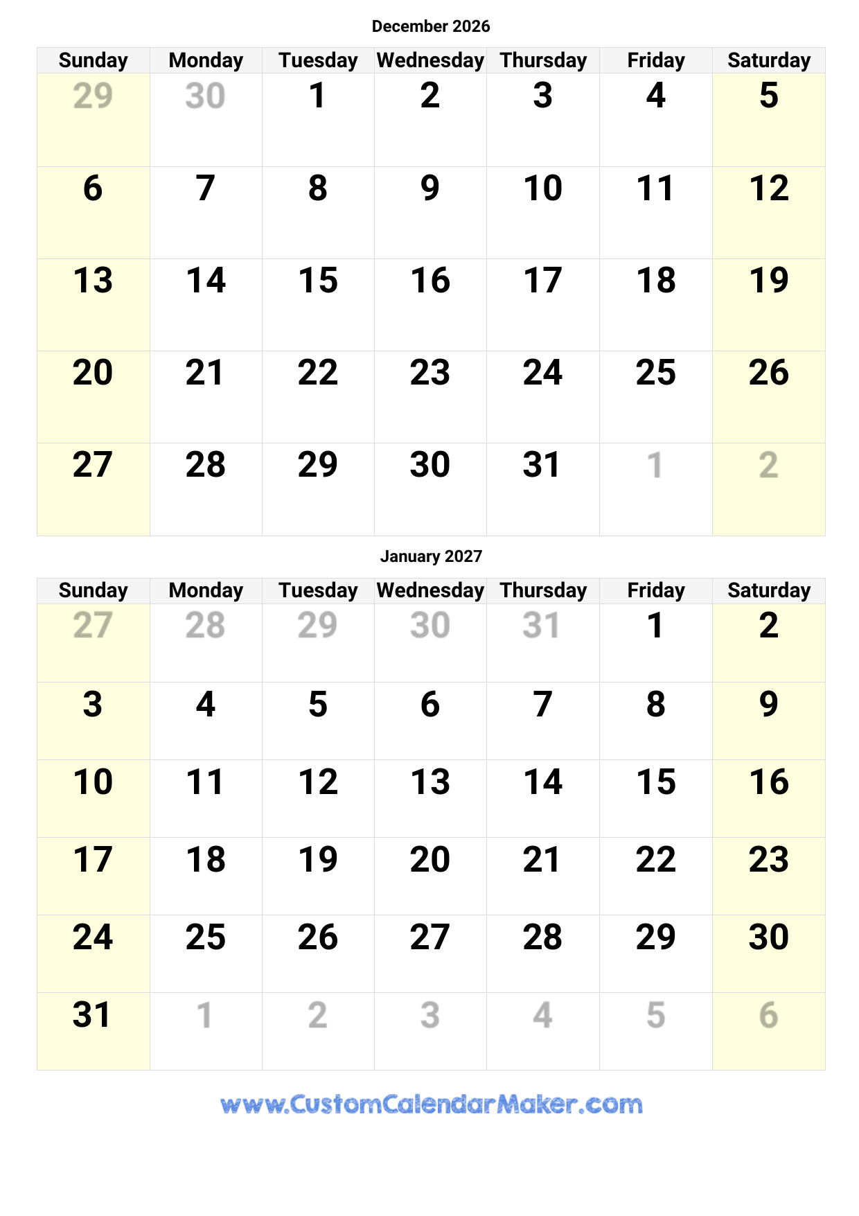 January December 2026 Printable Calendar