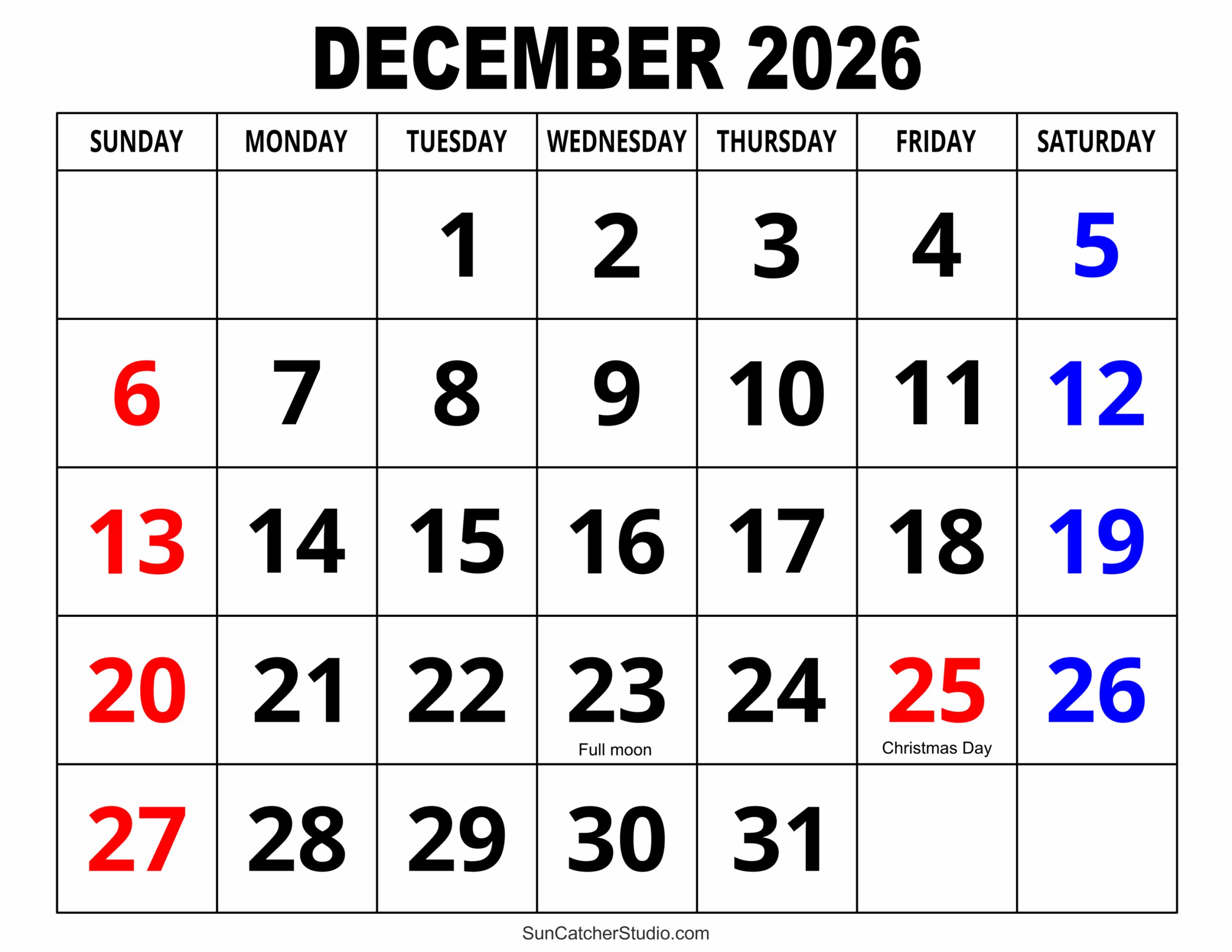Printable Daily December 25 2026 Calendar