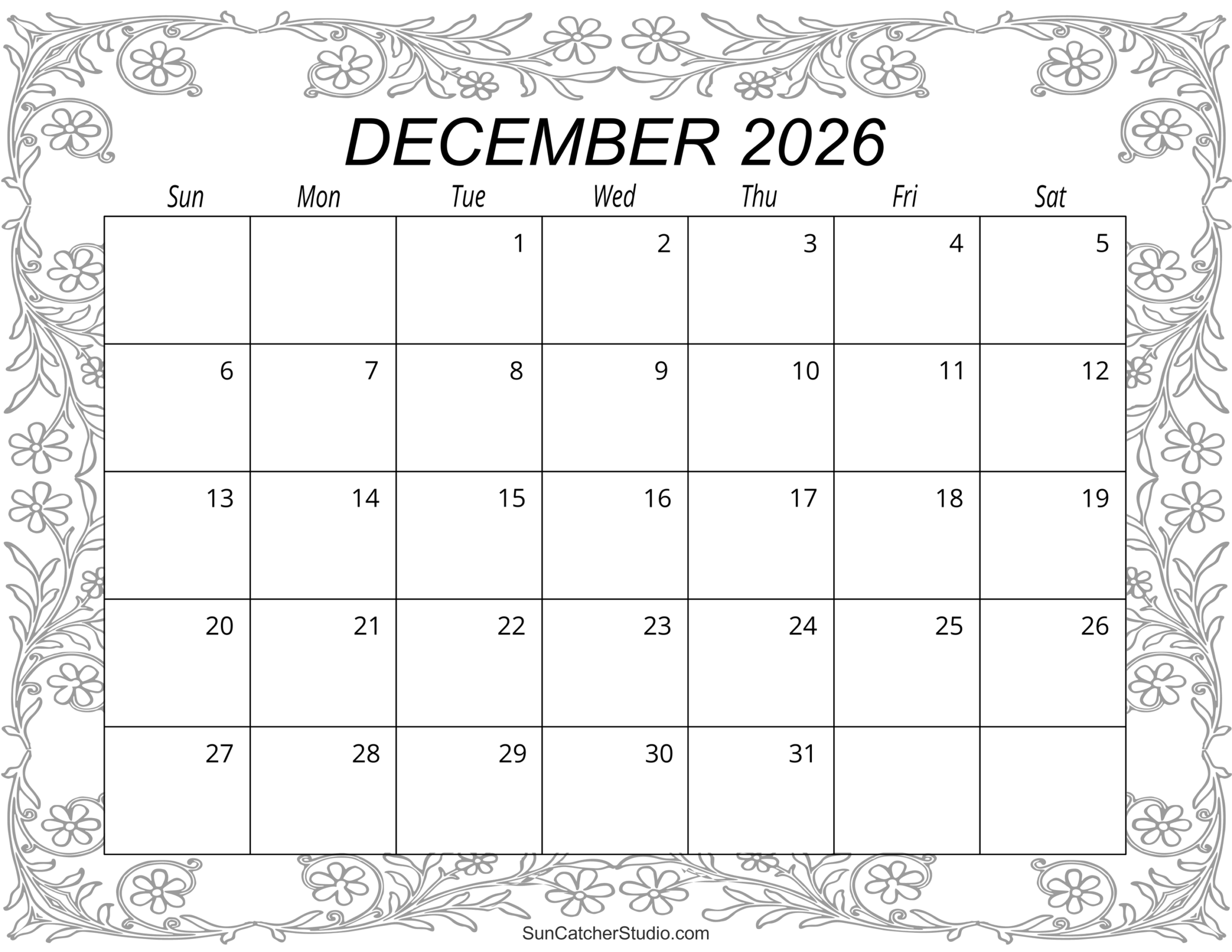 Blank December 2026vertical Calendar Printable