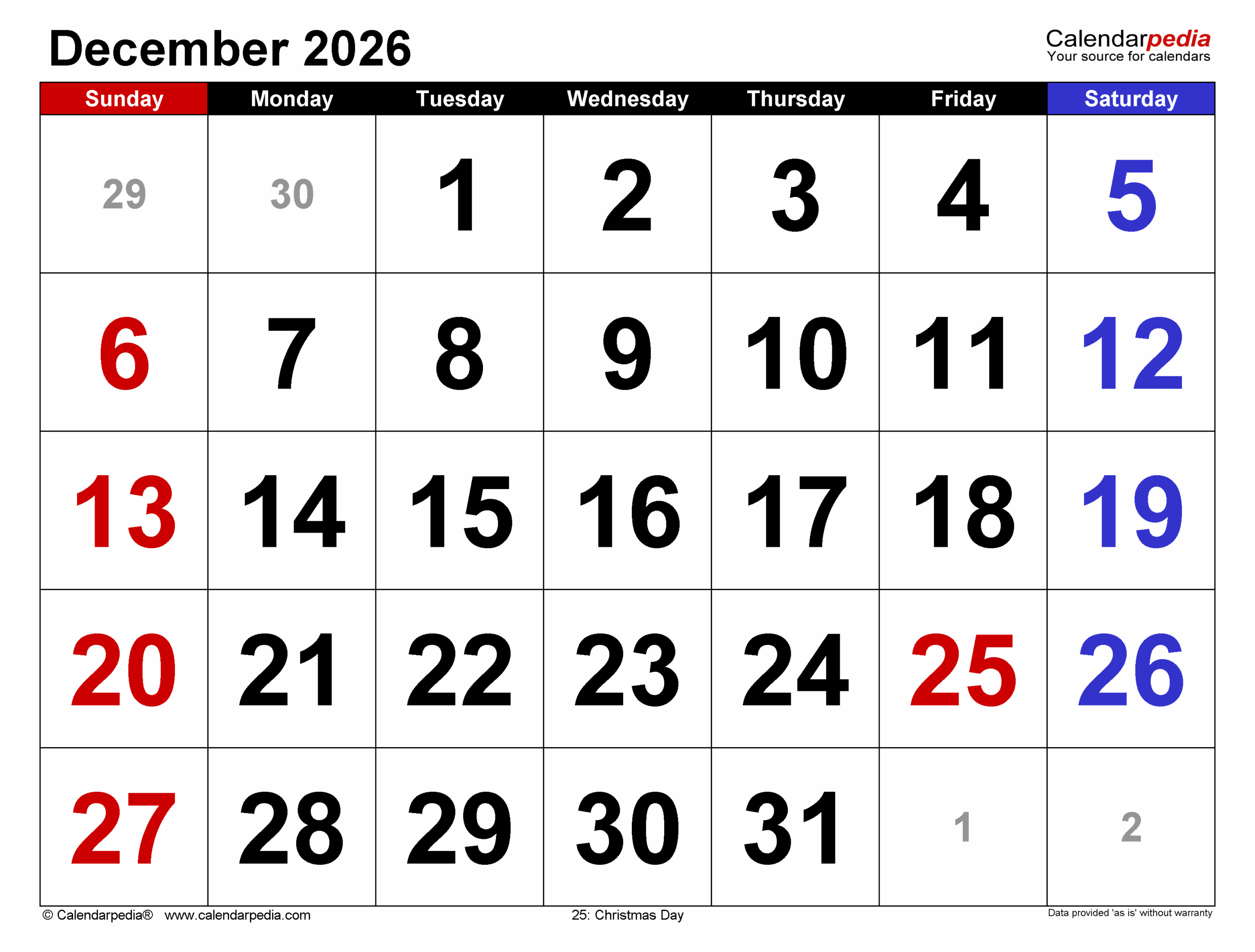 Dec 2026 Calendar Printable