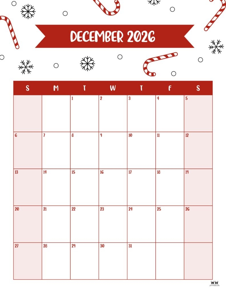 December 2026 Calendars 123 FREE Printables Printabulls