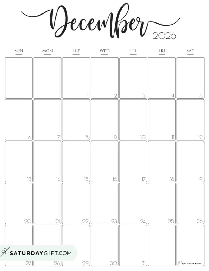 December 2026 Calendars 23 Cute Free Printable PDFs By SaturdayGift