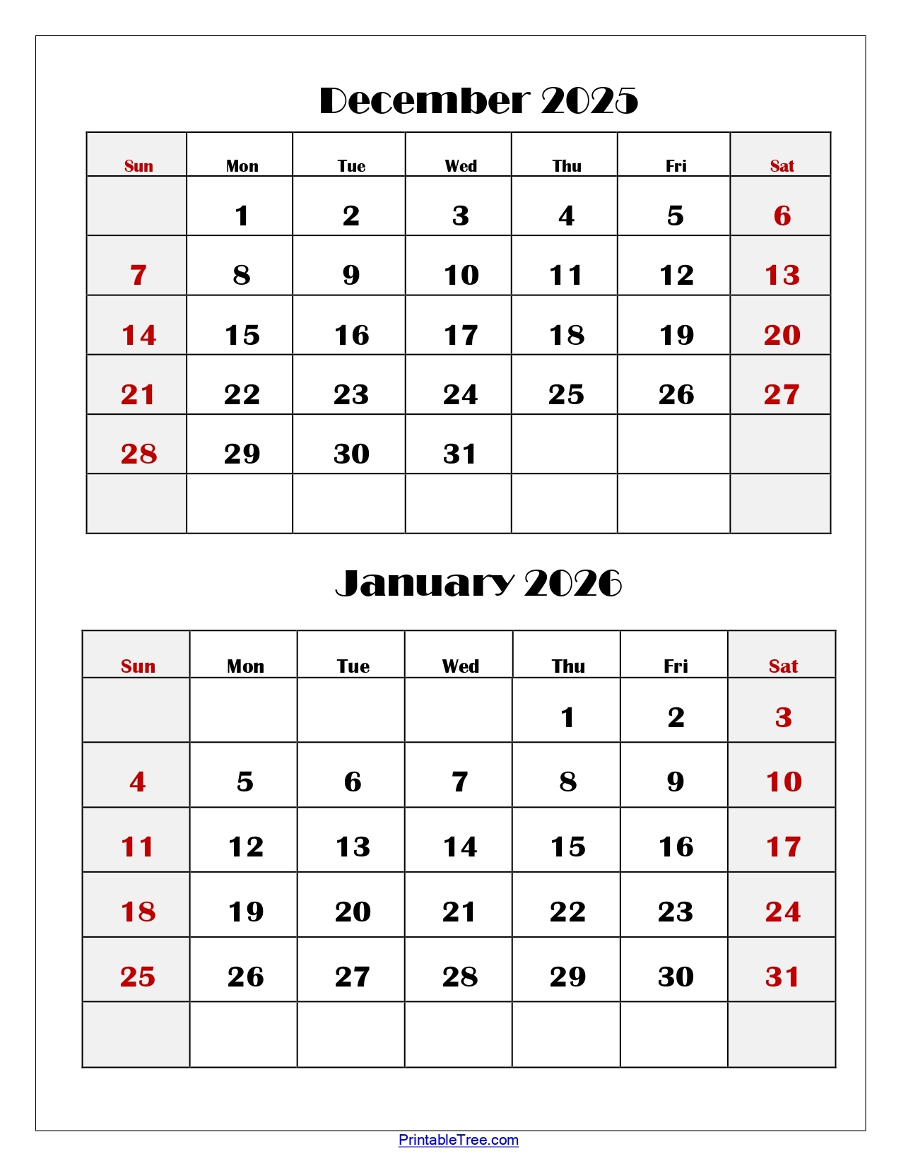 Calendar Jan To December Printable 2026
