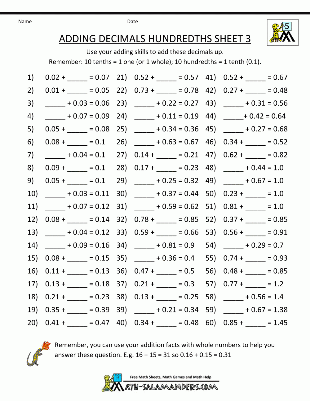 Decimal Addition Worksheets 5th Grade