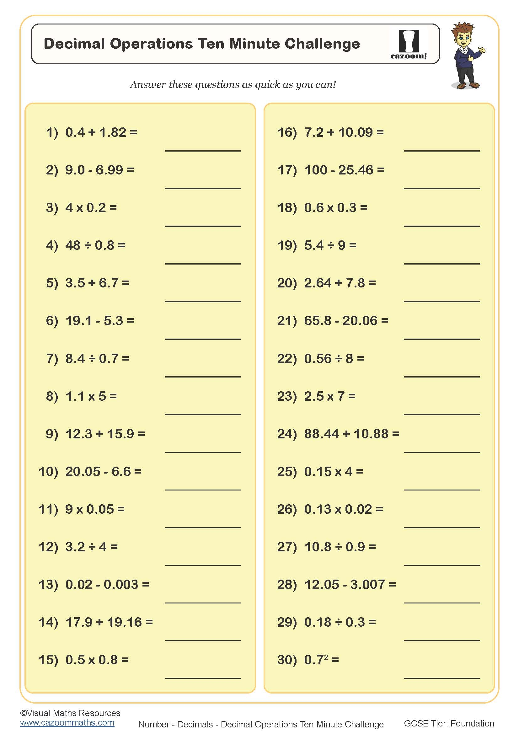 Free Printable Decimal Worksheets