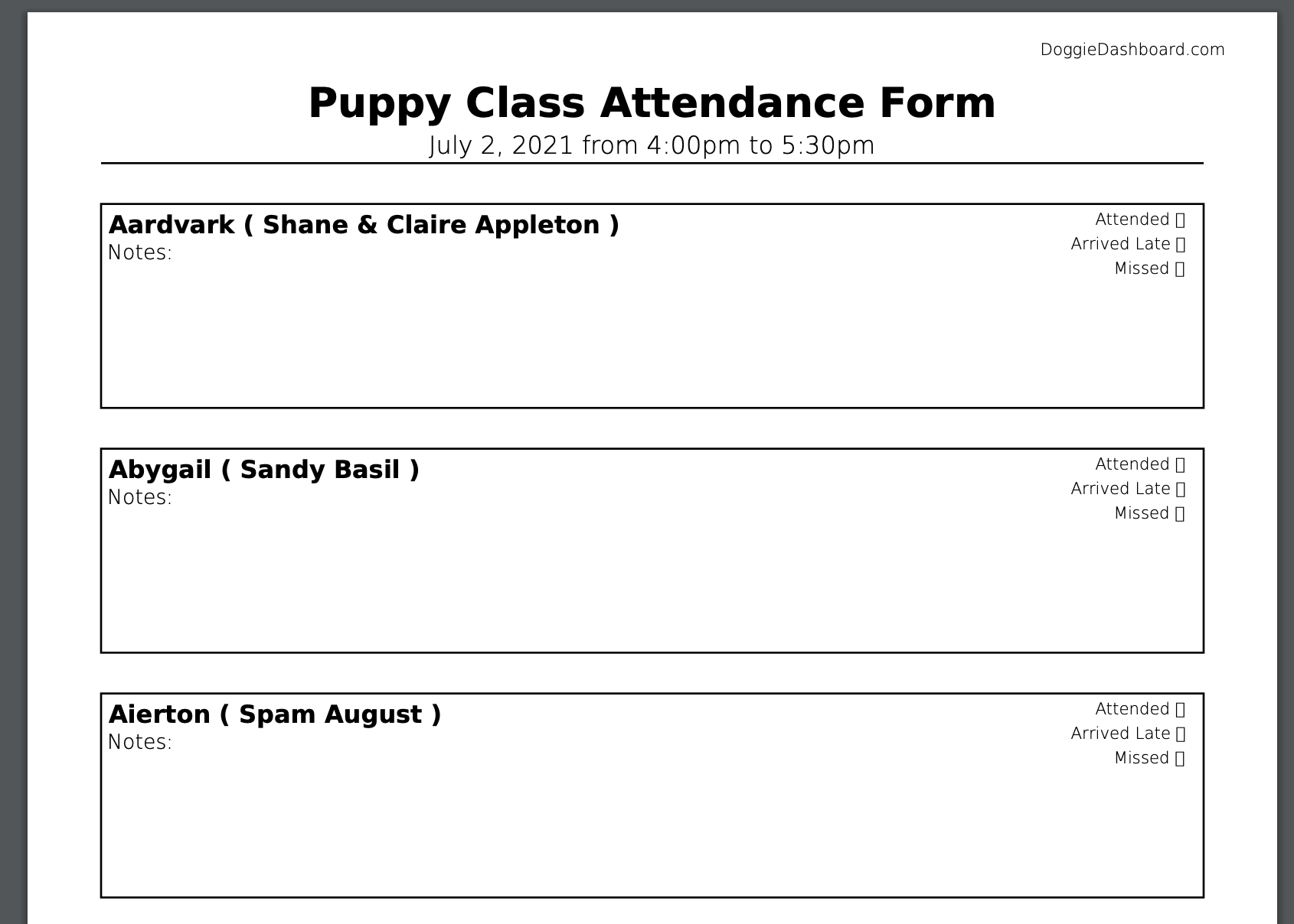 Dog Training Class Course Printable Attendance Forms