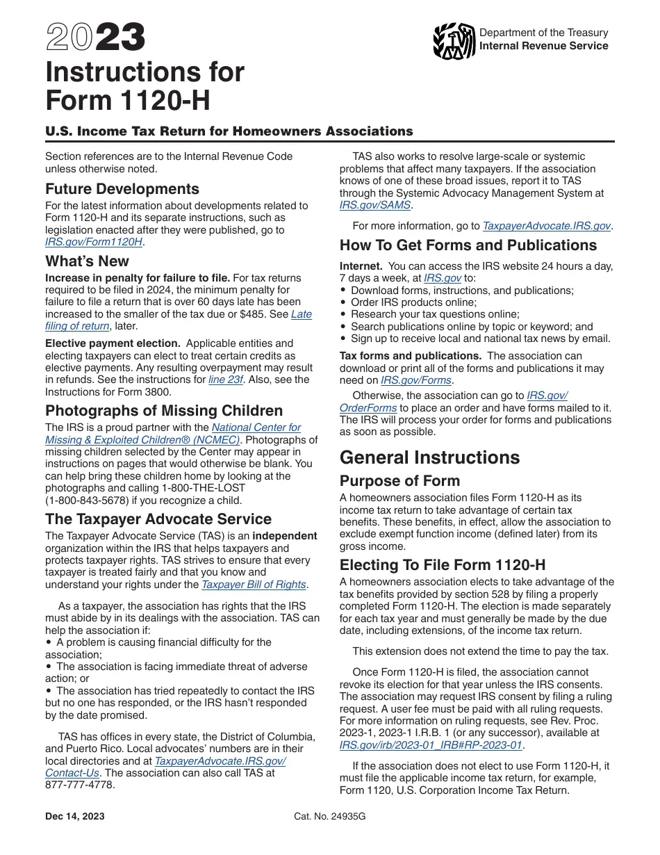 Federal Tax Form 1120 H Instructions