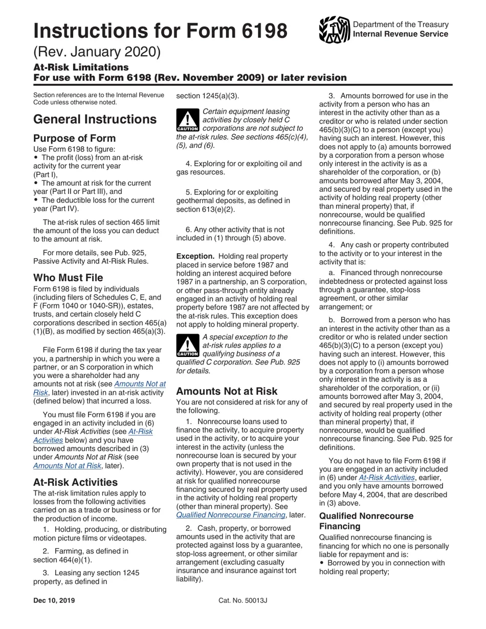 Download Instructions For IRS Form 6198 At Risk Limitations PDF 