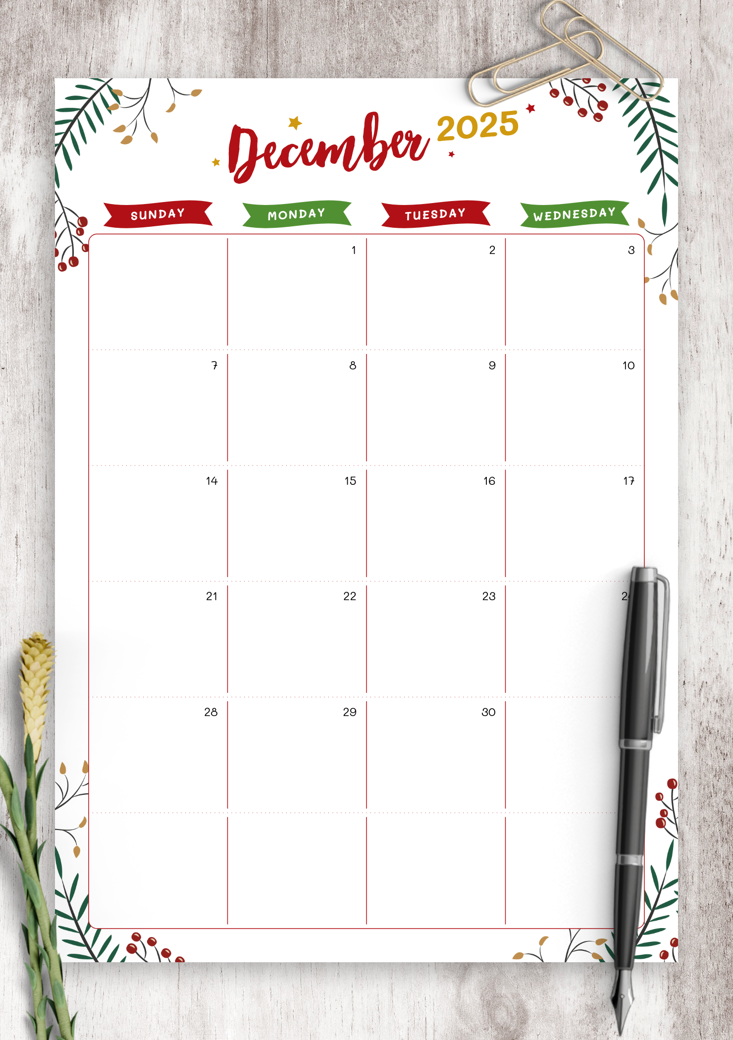 Christmas December Calendar Printable