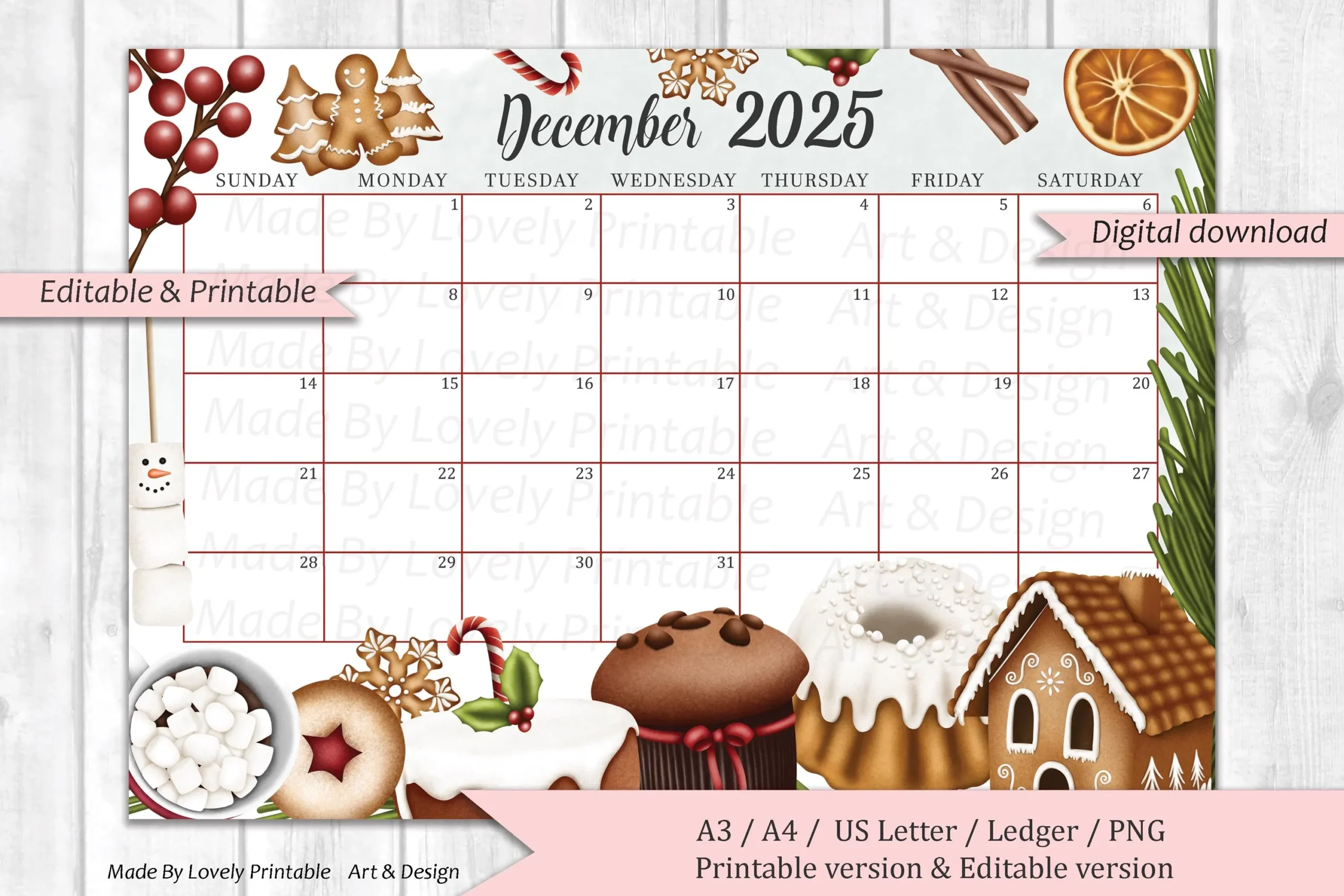 Farmhouse December Printable Calendar 2025