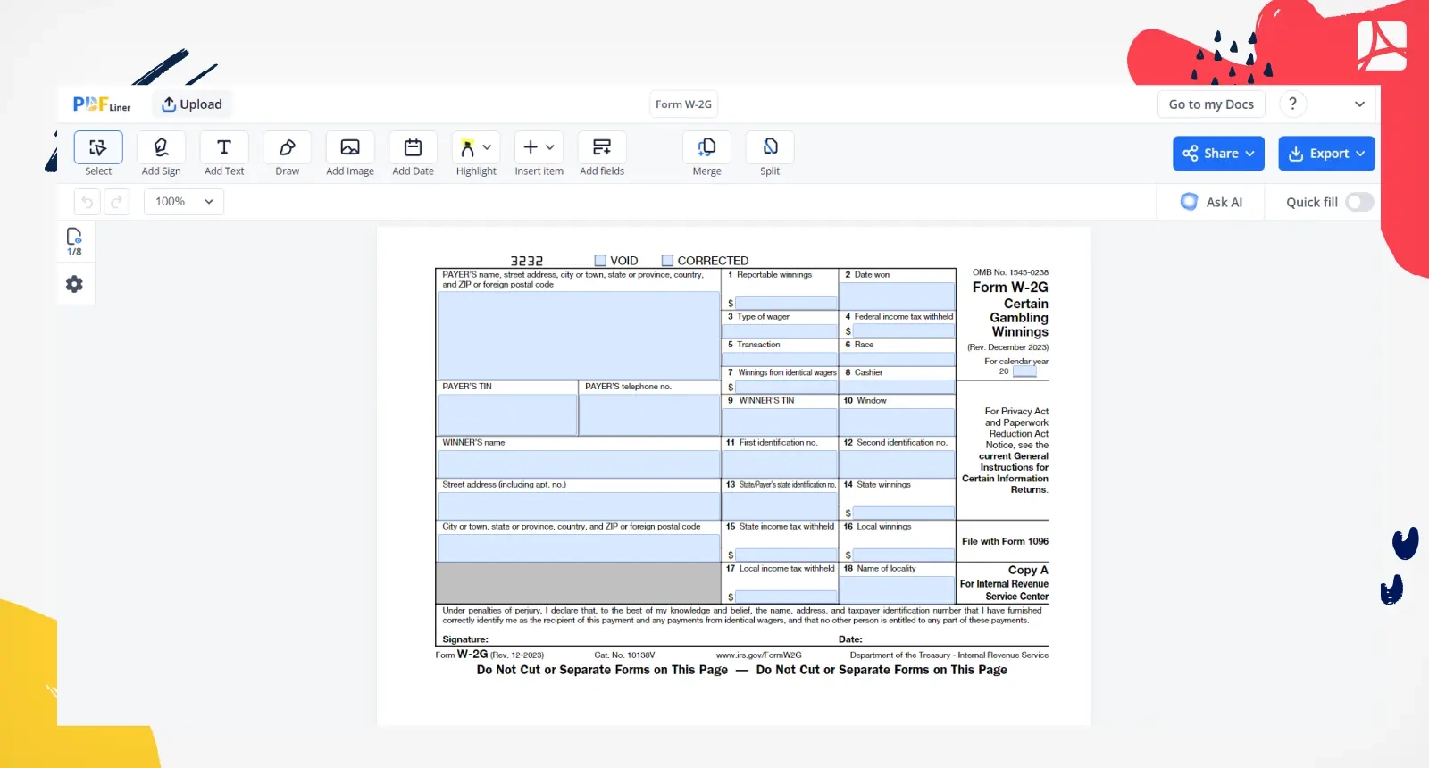 Form W 2G Print And Sign Form W 2G Online PDFliner