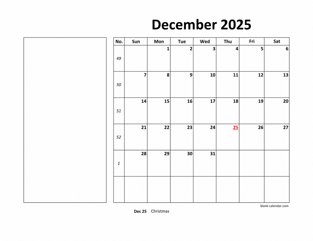 Large Box Printable Calendar December 2025