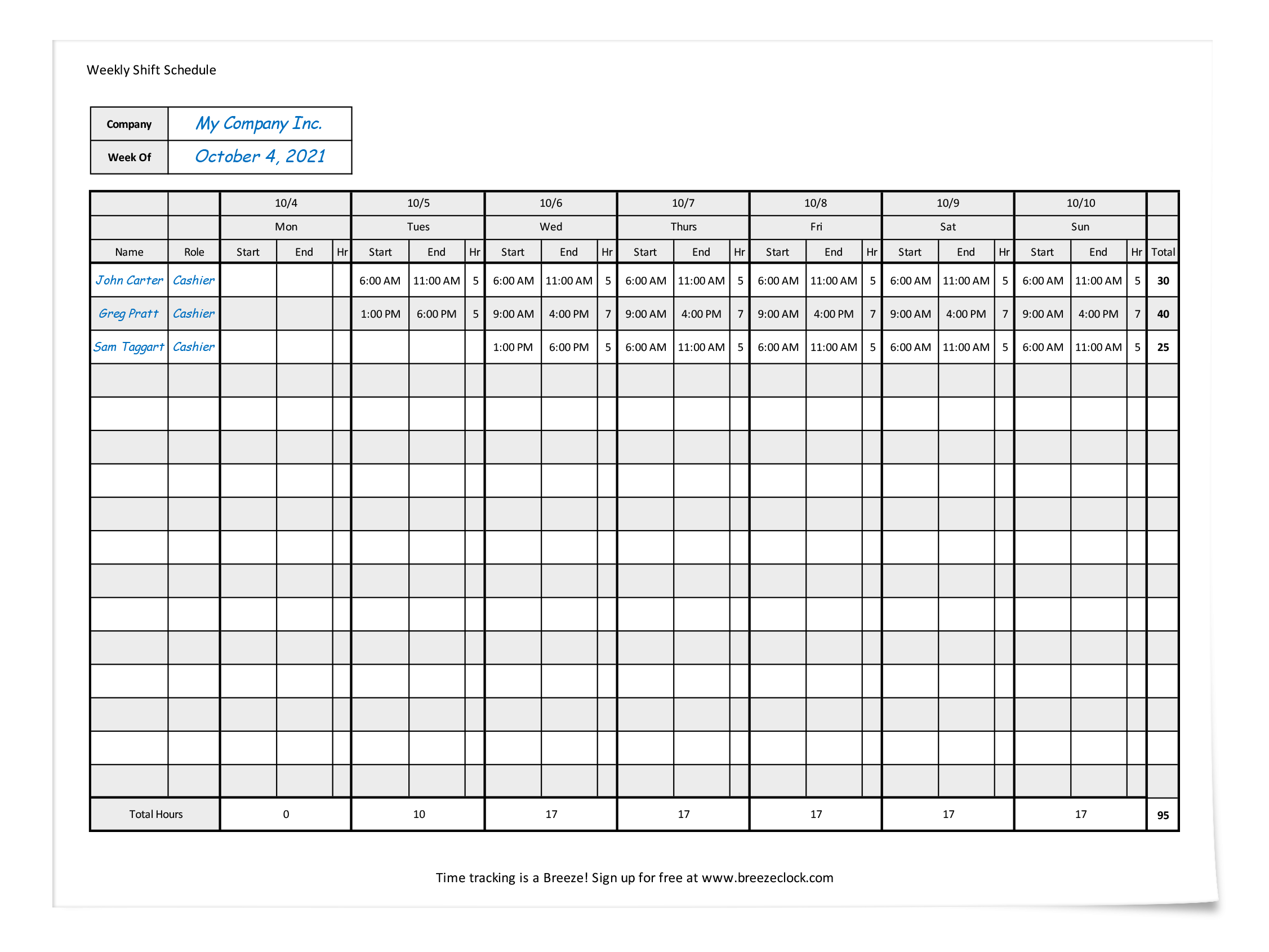 Printable Work Schedule Form Free Printable