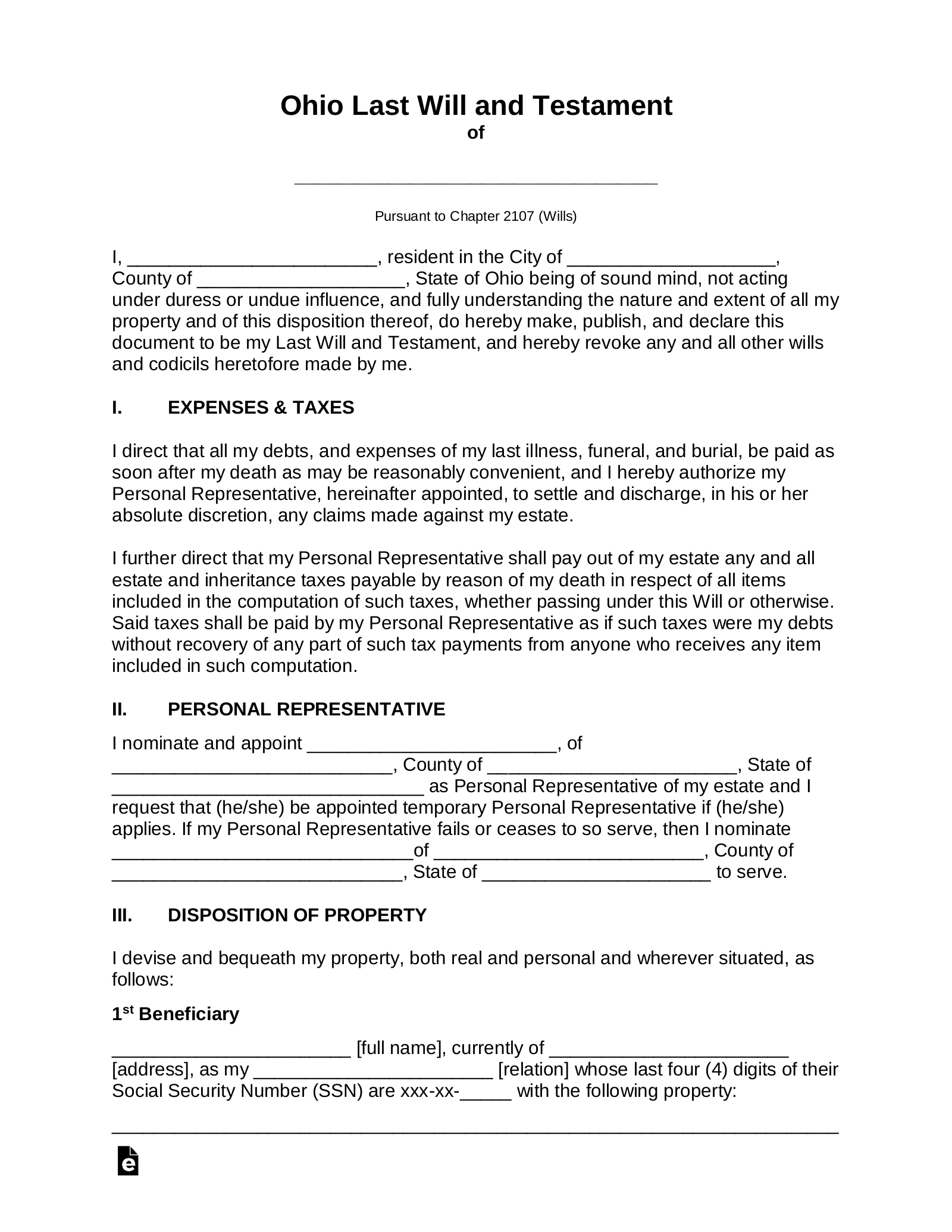 Printable Will Forms Free