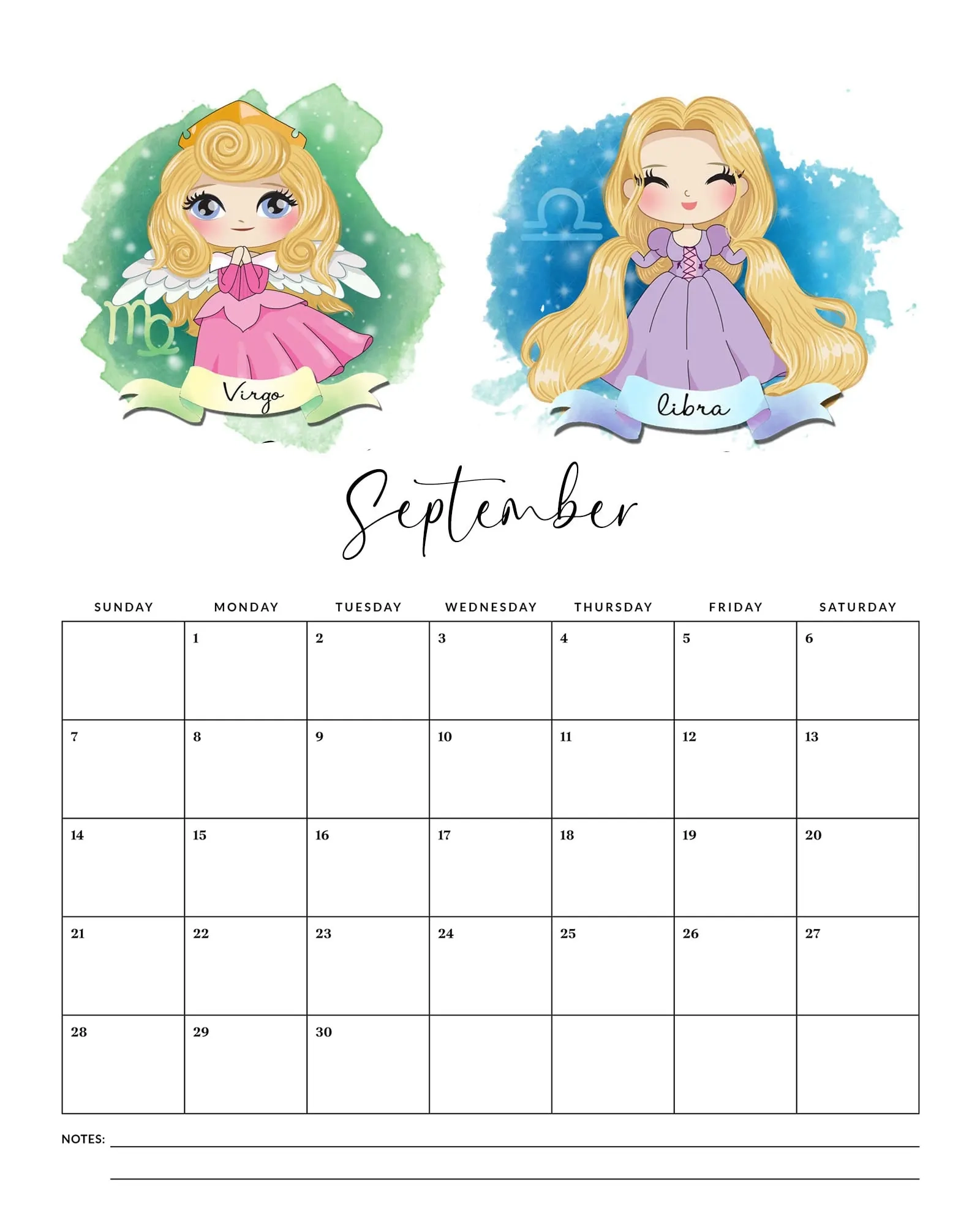 Free Printable 2025 Princess Zodiac Calendar The Cottage Market