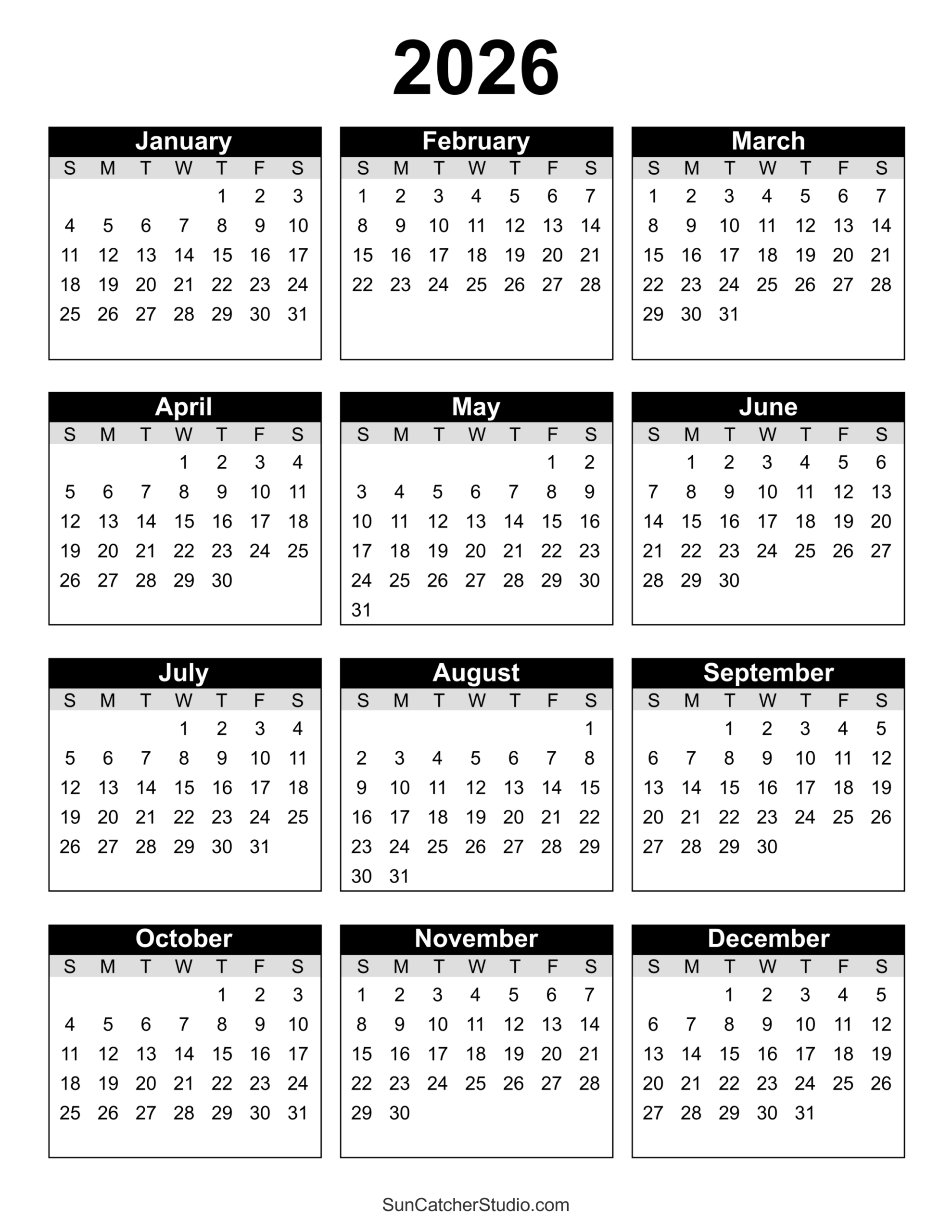 2026 Vertical Calendar Printable