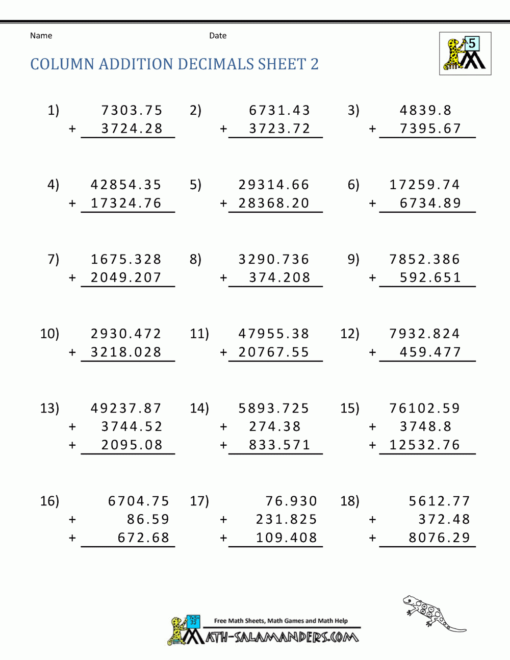 Free Printable Addition Decimals Worksheet Download Free 