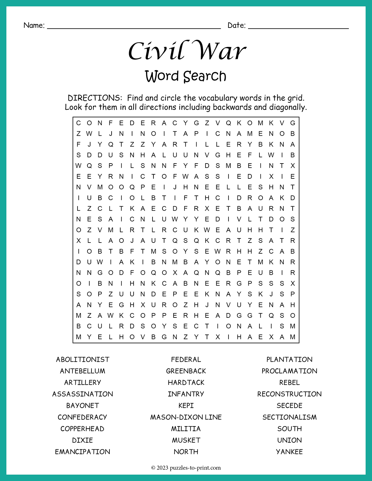 Free Printable Civil War Crossword Puzzles