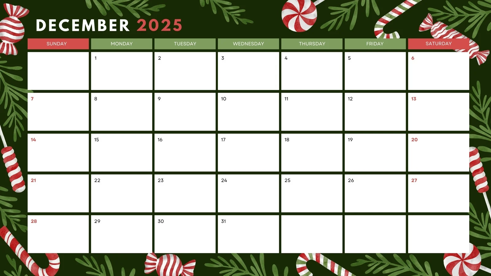 Blank December 2025 Calendar Free Printable
