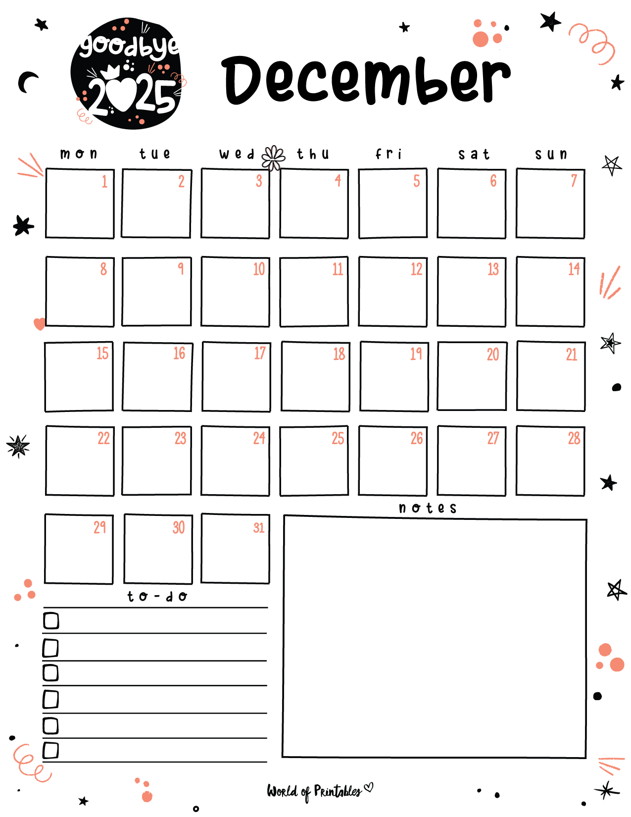 December 2025 Daily Calendar Printable